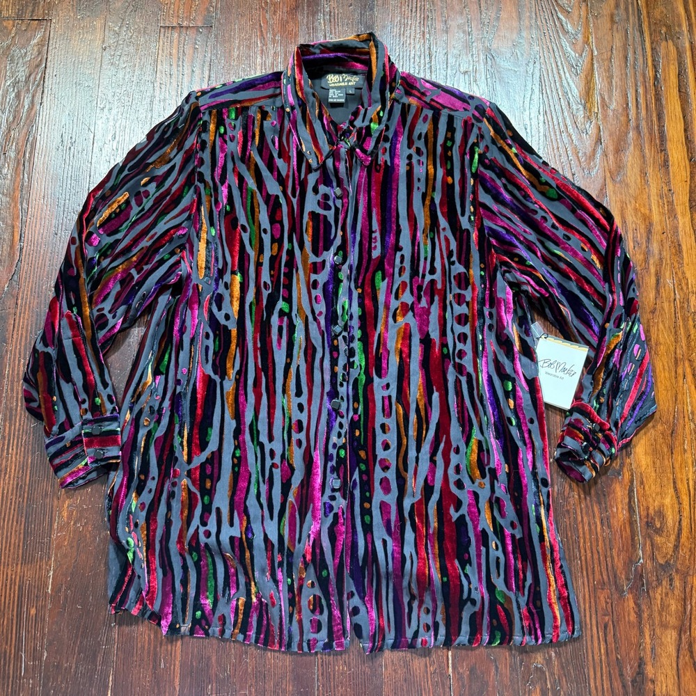 Bob Mackie Wearable Art Shirt Womens L Multicolor Burnout Velvet Silk A63010
